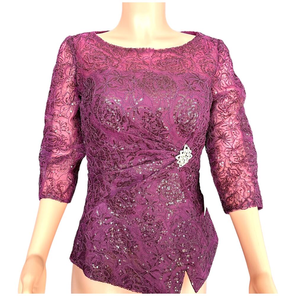 Lan Ting Bride Eggplant/Grape Color Lace 3/4 Sleeve Sequin Top - Size 8